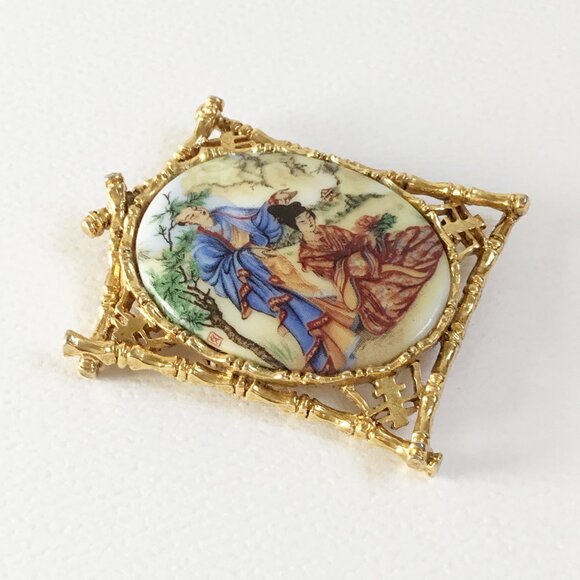 Vintage Art Arthur Pepper Asian Geisha Cameo Porcelain Gold Tone Bamboo Brooch - Picture 3 of 4